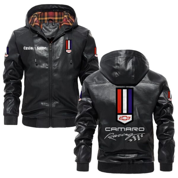 Custom Name Camaro Racing PU Leather Hooded Jacket - Personalized Logo Car Motorcycle Model