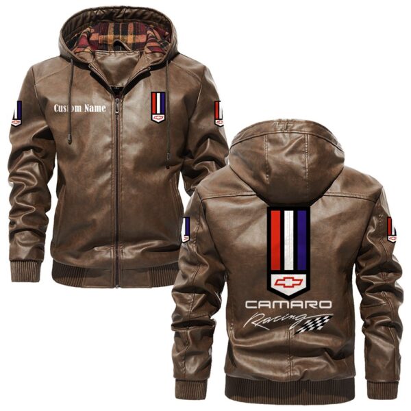 Custom Name Camaro Racing PU Leather Hooded Jacket - Personalized Logo Car Motorcycle Model - Image 3