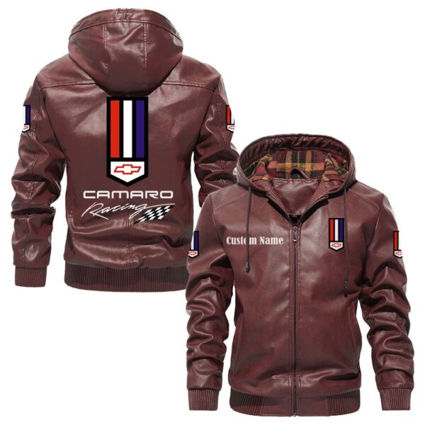 Custom Name Camaro Racing PU Leather Hooded Jacket - Personalized Logo Car Motorcycle Model - Image 2