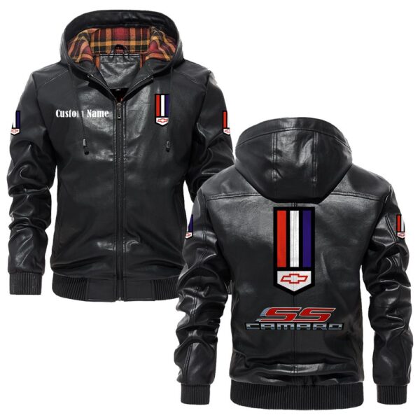 Custom Name Camaro Ss PU Leather Hooded Jacket - Personalized Logo Car Motorcycle Model