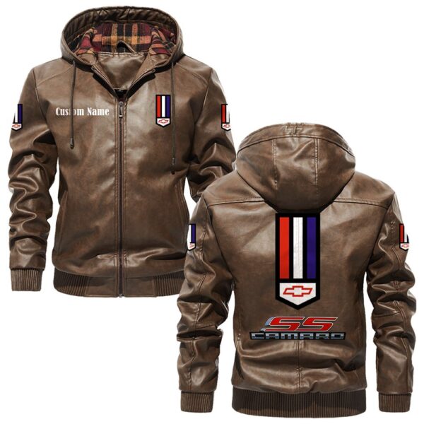 Custom Name Camaro Ss PU Leather Hooded Jacket - Personalized Logo Car Motorcycle Model - Image 3