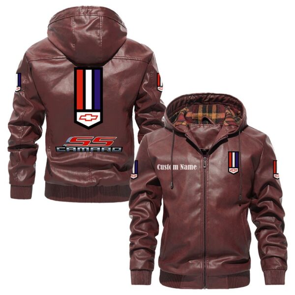 Custom Name Camaro Ss PU Leather Hooded Jacket - Personalized Logo Car Motorcycle Model - Image 2