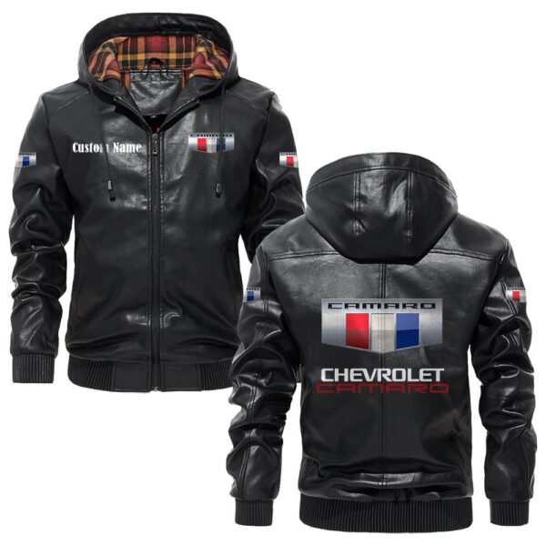Custom Name Camaro PU Leather Hooded Jacket - Personalized Logo Car Motorcycle Model