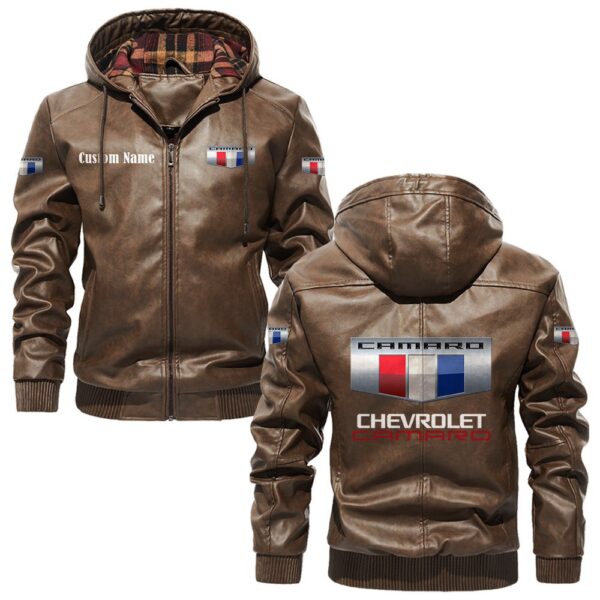 Custom Name Camaro PU Leather Hooded Jacket - Personalized Logo Car Motorcycle Model - Image 3