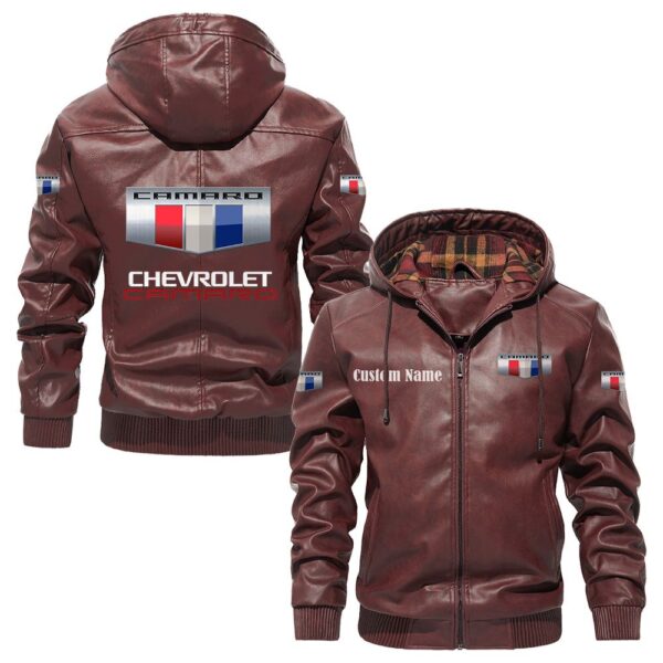 Custom Name Camaro PU Leather Hooded Jacket - Personalized Logo Car Motorcycle Model - Image 2