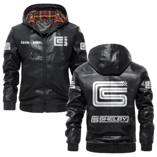 Custom Name Carroll Shelby PU Leather Hooded Jacket - Personalized Logo Car Motorcycle Model