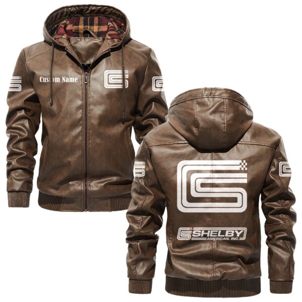Custom Name Carroll Shelby PU Leather Hooded Jacket - Personalized Logo Car Motorcycle Model - Image 3
