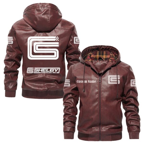 Custom Name Carroll Shelby PU Leather Hooded Jacket - Personalized Logo Car Motorcycle Model - Image 2