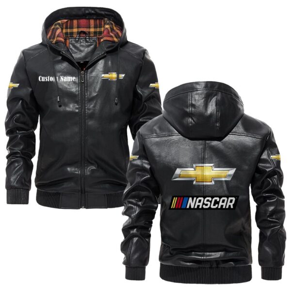 Custom Name Chevy Nascar PU Leather Hooded Jacket - Personalized Logo Car Motorcycle Model