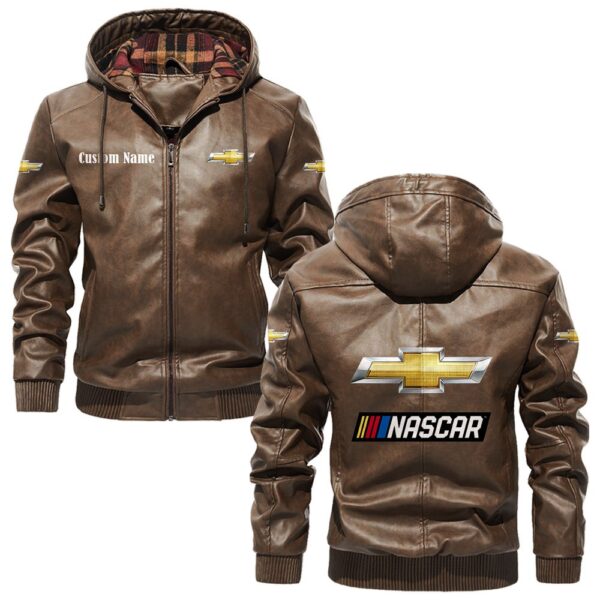 Custom Name Chevy Nascar PU Leather Hooded Jacket - Personalized Logo Car Motorcycle Model - Image 3
