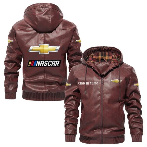 Custom Name Chevy Nascar PU Leather Hooded Jacket - Personalized Logo Car Motorcycle Model - Image 2