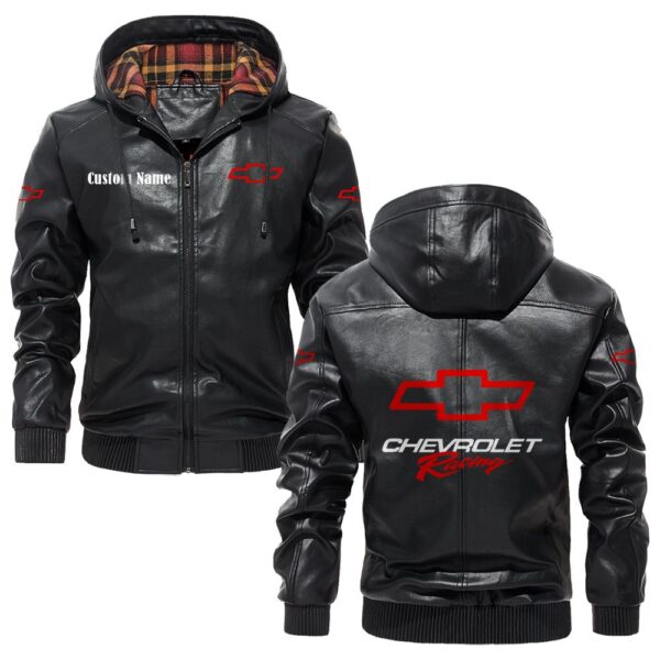 Custom Name Chevy Racing PU Leather Hooded Jacket - Personalized Logo Car Motorcycle Model