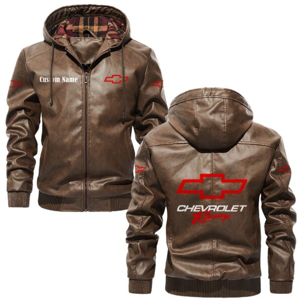 Custom Name Chevy Racing PU Leather Hooded Jacket - Personalized Logo Car Motorcycle Model - Image 3