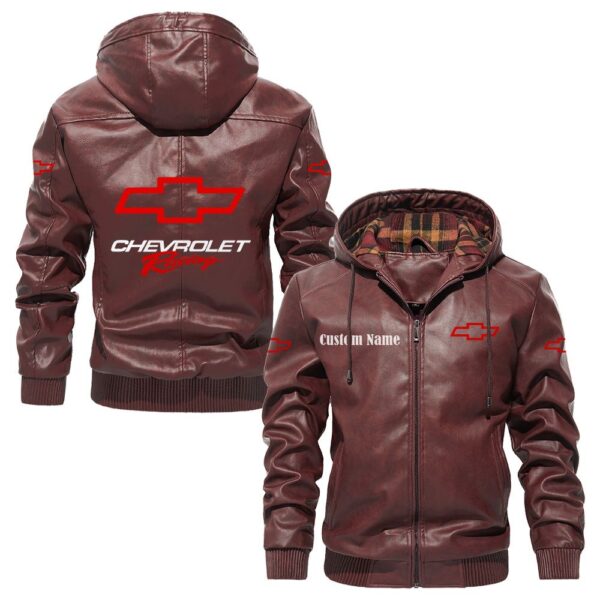 Custom Name Chevy Racing PU Leather Hooded Jacket - Personalized Logo Car Motorcycle Model - Image 2