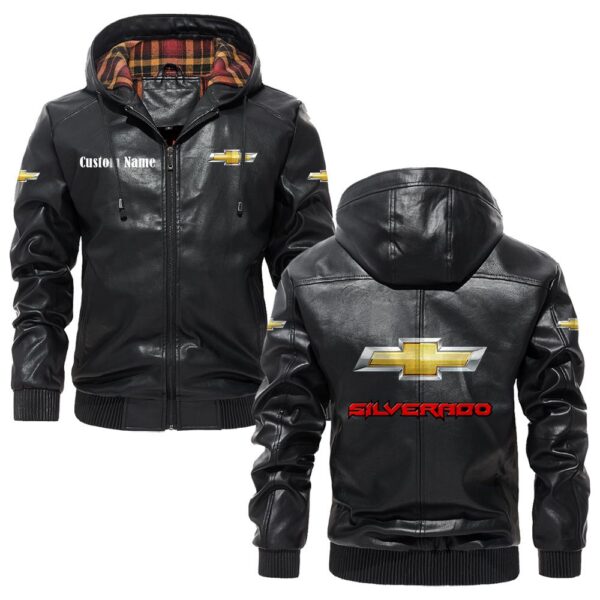 Custom Name Chevy Silverado PU Leather Hooded Jacket - Personalized Logo Car Motorcycle Model