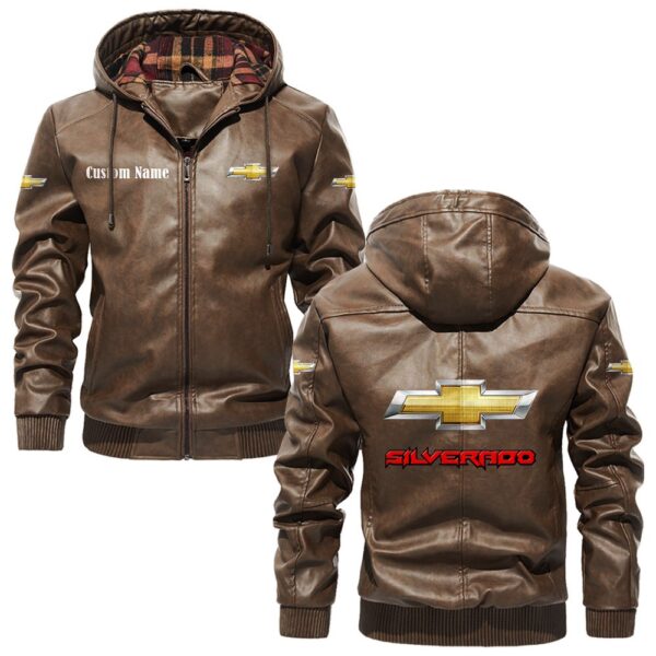 Custom Name Chevy Silverado PU Leather Hooded Jacket - Personalized Logo Car Motorcycle Model - Image 3