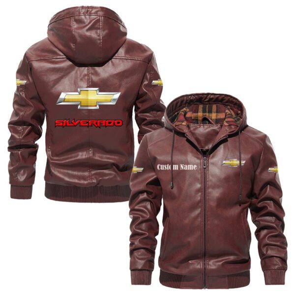 Custom Name Chevy Silverado PU Leather Hooded Jacket - Personalized Logo Car Motorcycle Model - Image 2