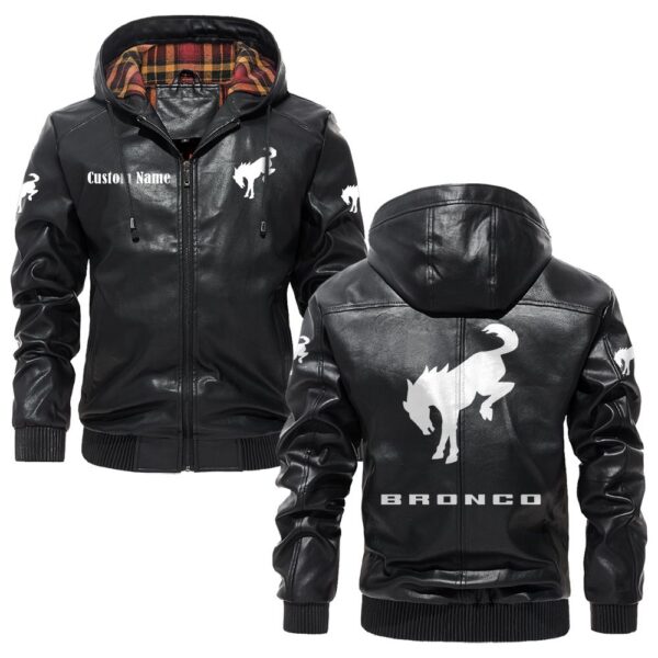 Custom Name Ford Bronco PU Leather Hooded Jacket - Personalized Logo Car Motorcycle Model