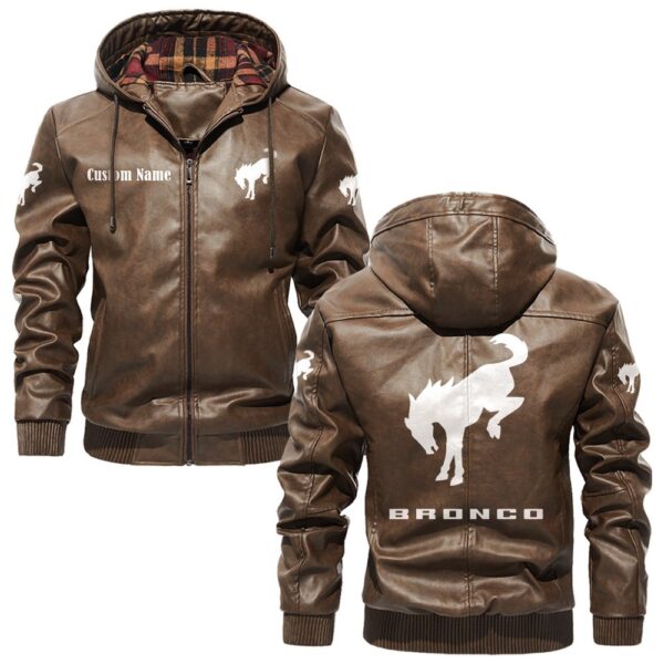 Custom Name Ford Bronco PU Leather Hooded Jacket - Personalized Logo Car Motorcycle Model - Image 3