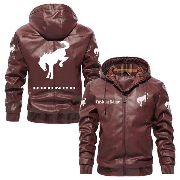 Custom Name Ford Bronco PU Leather Hooded Jacket - Personalized Logo Car Motorcycle Model - Image 2