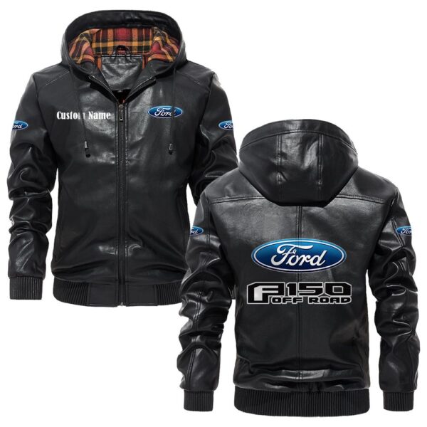 Custom Name Ford F150 PU Leather Hooded Jacket - Personalized Logo Car Motorcycle Model