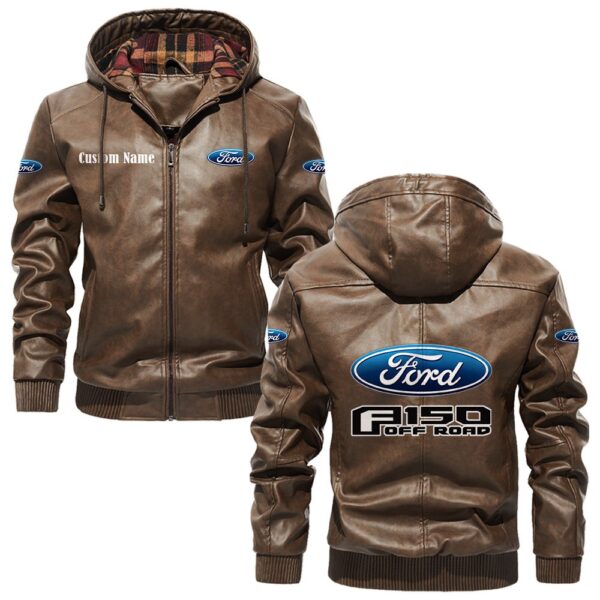 Custom Name Ford F150 PU Leather Hooded Jacket - Personalized Logo Car Motorcycle Model - Image 3