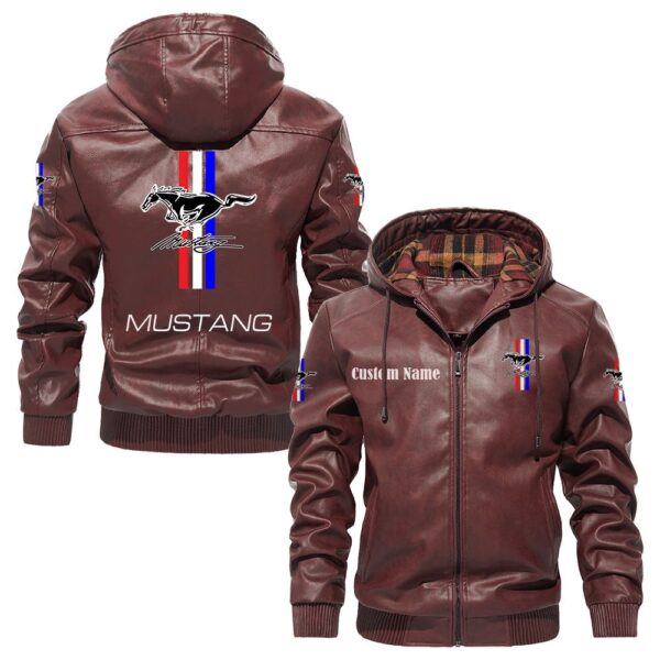 Custom Name Ford Mustang 2 PU Leather Hooded Jacket - Personalized Logo Car Motorcycle Model - Image 2