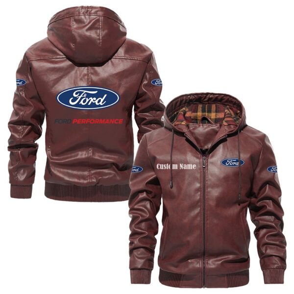 Custom Name Ford Performance PU Leather Hooded Jacket - Personalized Logo Car Motorcycle Model - Image 2