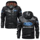 Custom Name Ford Racing 2 PU Leather Hooded Jacket - Personalized Logo Car Motorcycle Model