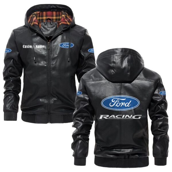 Custom Name Ford Racing 2 PU Leather Hooded Jacket - Personalized Logo Car Motorcycle Model