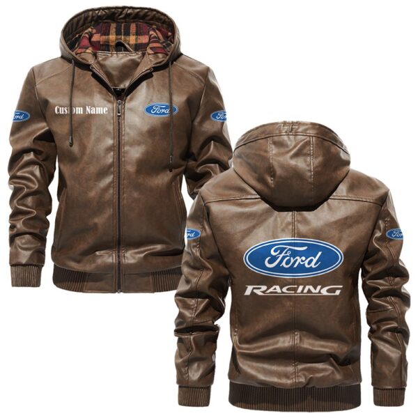 Custom Name Ford Racing 2 PU Leather Hooded Jacket - Personalized Logo Car Motorcycle Model - Image 3