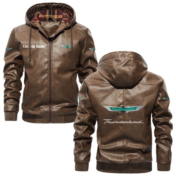 Custom Name Ford Thunderbird PU Leather Hooded Jacket - Personalized Logo Car Motorcycle Model - Image 3