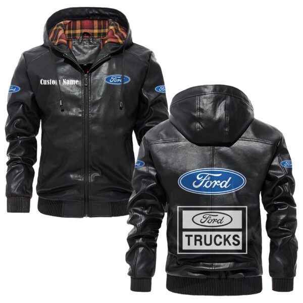 Custom Name Ford Truck PU Leather Hooded Jacket - Personalized Logo Car Motorcycle Model