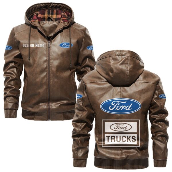 Custom Name Ford Truck PU Leather Hooded Jacket - Personalized Logo Car Motorcycle Model - Image 3