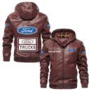 Custom Name Ford Truck PU Leather Hooded Jacket - Personalized Logo Car Motorcycle Model