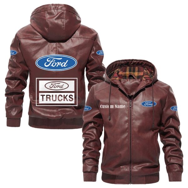 Custom Name Ford Truck PU Leather Hooded Jacket - Personalized Logo Car Motorcycle Model - Image 2