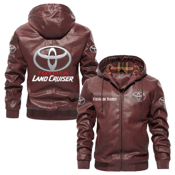 Custom Name Land Cruiser PU Leather Hooded Jacket - Personalized Logo Car Motorcycle Model - Image 2