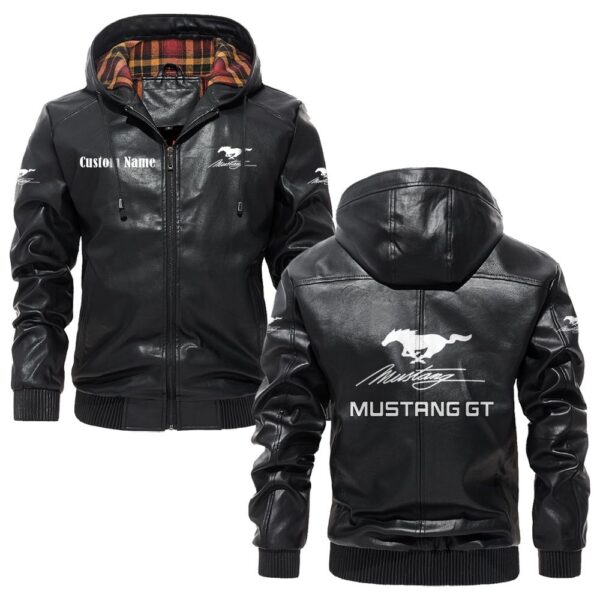 Custom Name Mustang Gt PU Leather Hooded Jacket - Personalized Logo Car Motorcycle Model