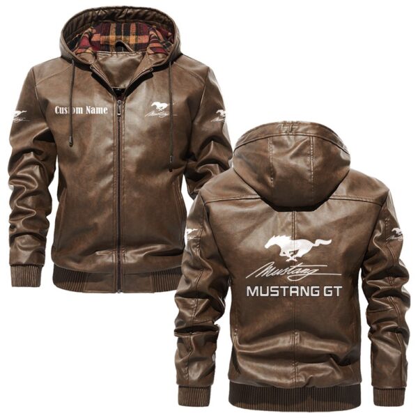 Custom Name Mustang Gt PU Leather Hooded Jacket - Personalized Logo Car Motorcycle Model - Image 3