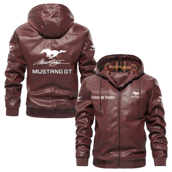 Custom Name Mustang Gt PU Leather Hooded Jacket - Personalized Logo Car Motorcycle Model - Image 2