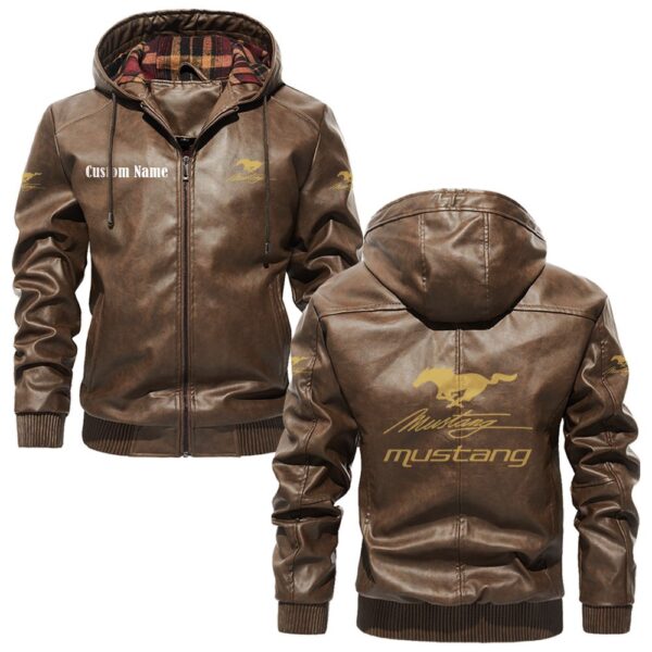 Custom Name Mustang Racing PU Leather Hooded Jacket - Personalized Logo Car Motorcycle Model - Image 3