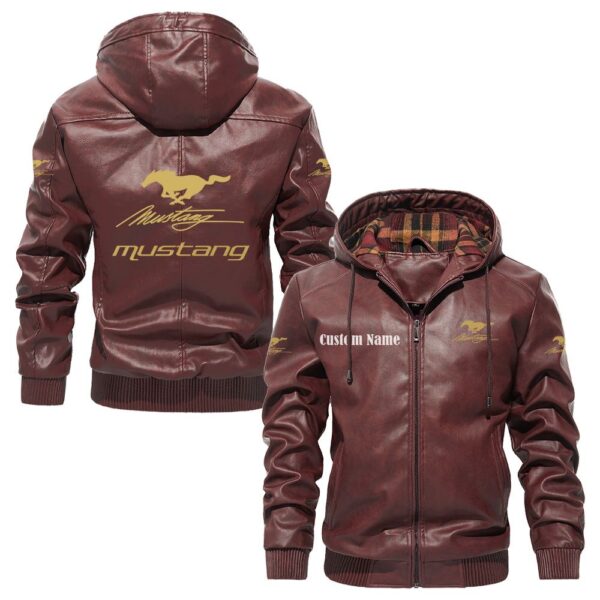 Custom Name Mustang Racing PU Leather Hooded Jacket - Personalized Logo Car Motorcycle Model - Image 2
