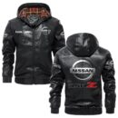 Custom Name Nissan 350z PU Leather Hooded Jacket - Personalized Logo Car Motorcycle Model