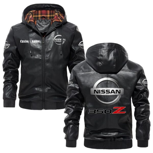 Custom Name Nissan 350z PU Leather Hooded Jacket - Personalized Logo Car Motorcycle Model