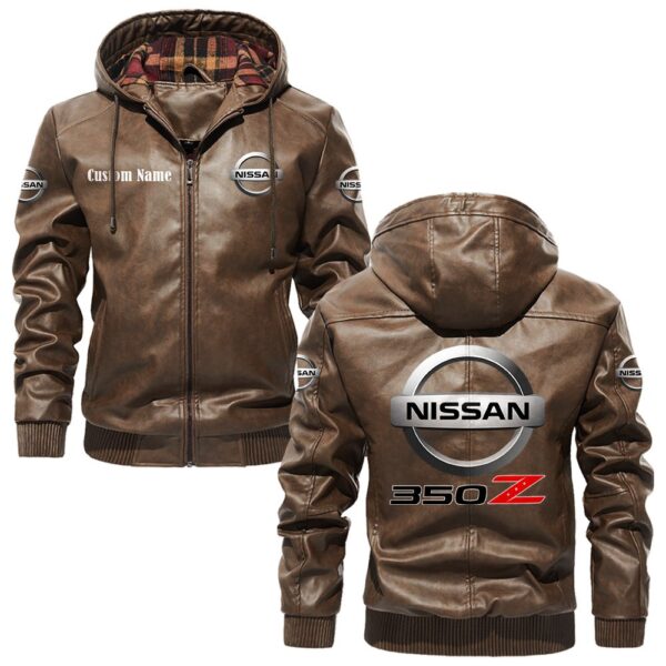 Custom Name Nissan 350z PU Leather Hooded Jacket - Personalized Logo Car Motorcycle Model - Image 3