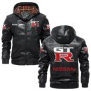 Custom Name Nissan Gtr PU Leather Hooded Jacket - Personalized Logo Car Motorcycle Model