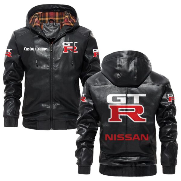 Custom Name Nissan Gtr PU Leather Hooded Jacket - Personalized Logo Car Motorcycle Model