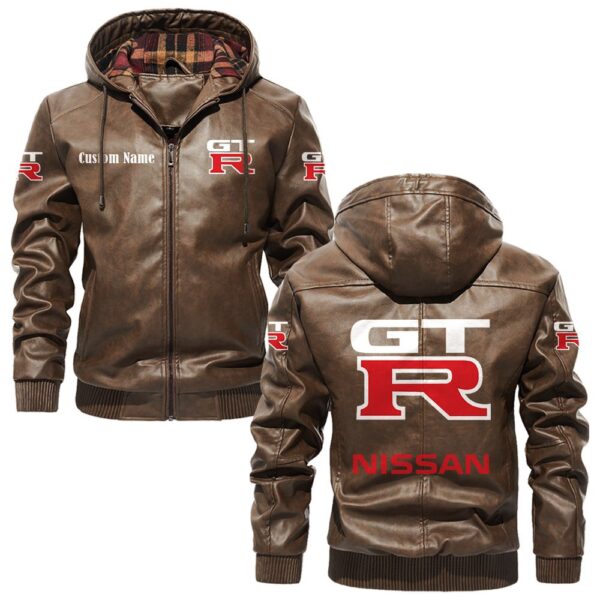 Custom Name Nissan Gtr PU Leather Hooded Jacket - Personalized Logo Car Motorcycle Model - Image 3