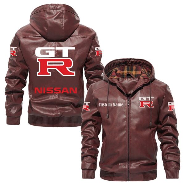 Custom Name Nissan Gtr PU Leather Hooded Jacket - Personalized Logo Car Motorcycle Model - Image 2