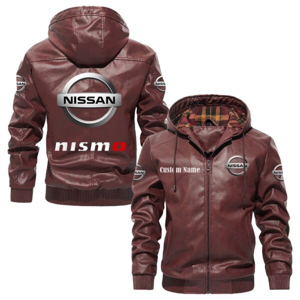 Custom Name Nissan Nismo PU Leather Hooded Jacket - Personalized Logo Car Motorcycle Model - Image 2